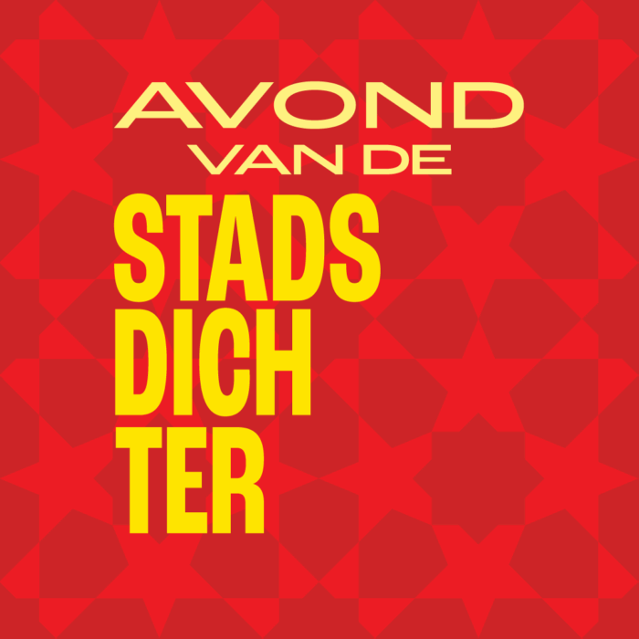 Grafische rode artwork van Avond van de Stadsdichter, met gele letters