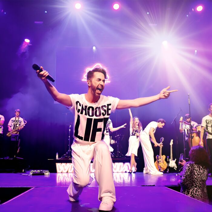 Bandlid van WHAMANIA zit expressief op het podium met armen wijd.