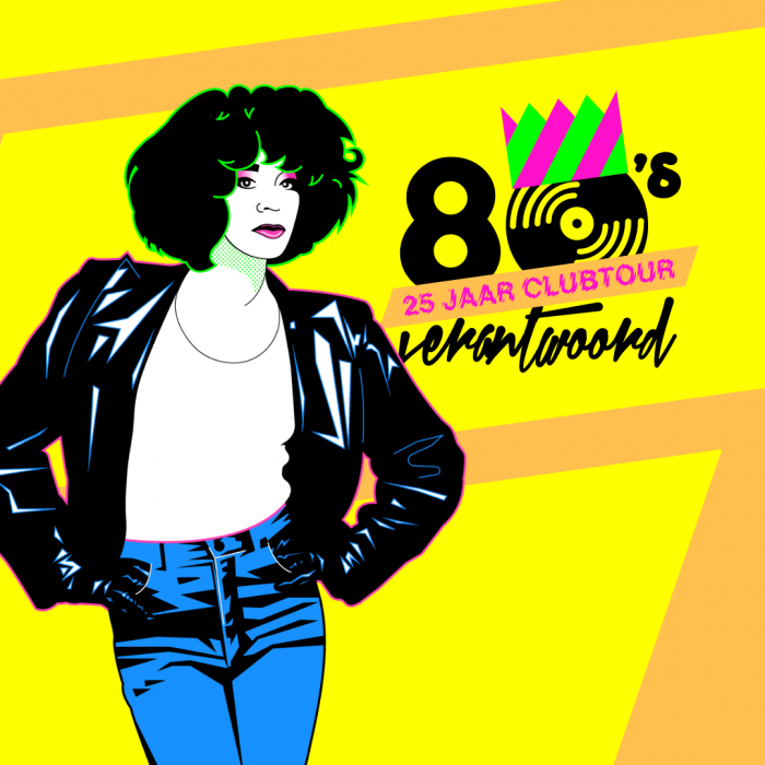 Vrouw in 80's kleding staat naast het 80's Verantwoord logo