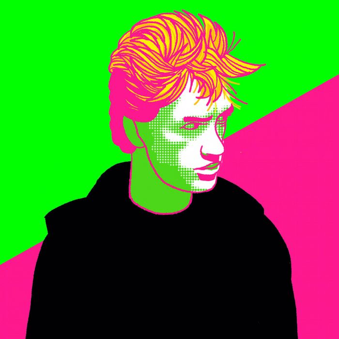 Grafische afbeelding van Doe Maar zanger Henny Vrienten in kenmerkende 80's kleuren.