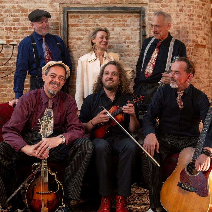 Foto van de bandleden van Pieternel & Blue Grass Boogiemen.