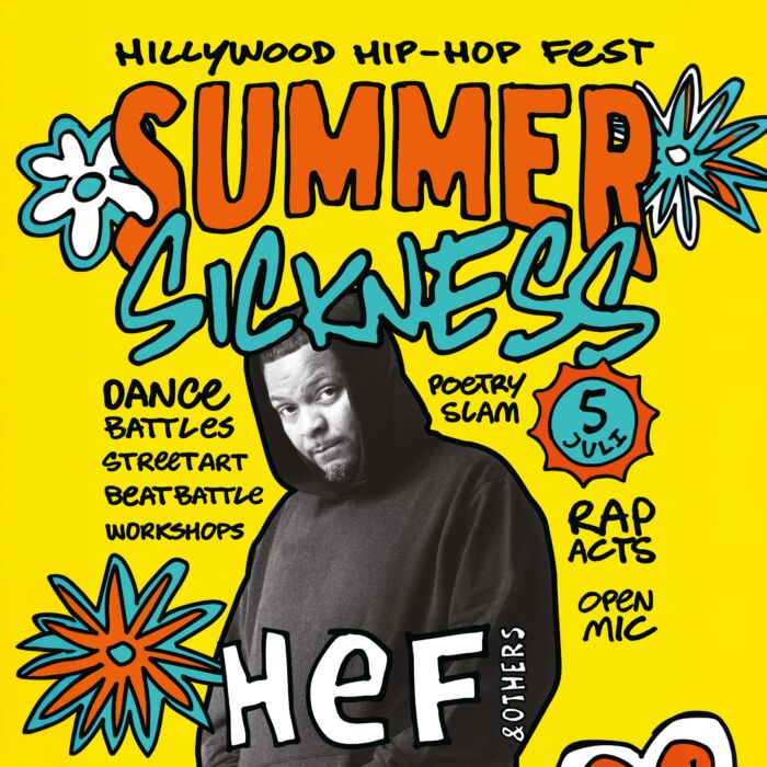Flyer van evenement Summer Sickness met rapper Hef afgebeeld op een gele achtergrond