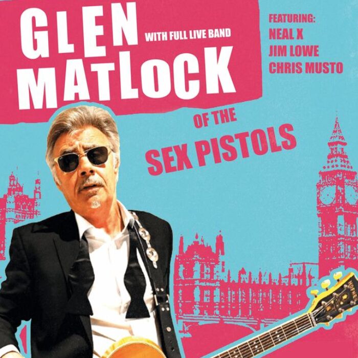 Glen Matlock poseert met electrische gitaar om en zonnebril op, met een grafische roze met blauwe achtergrond