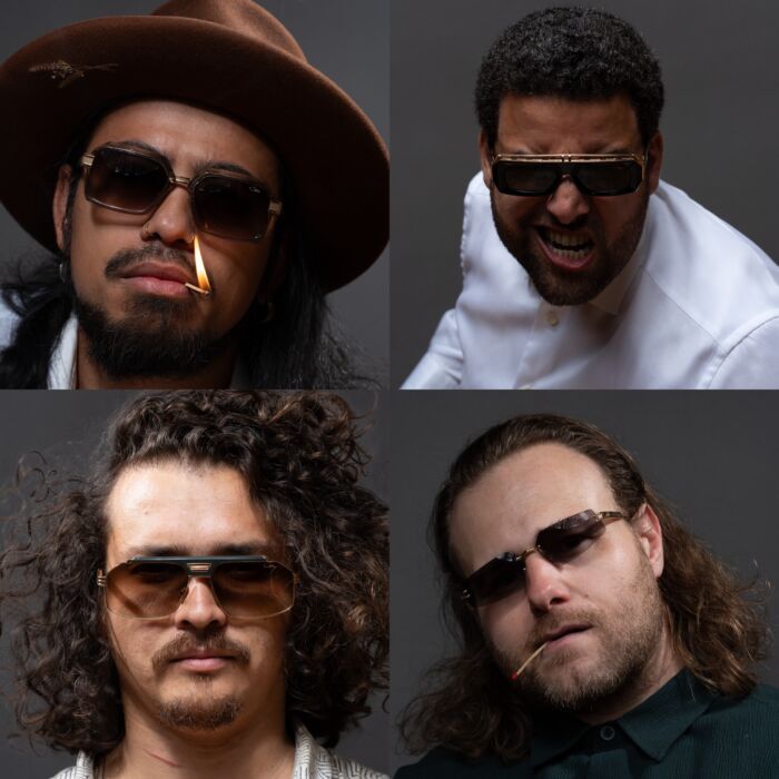 Rilan & The Bombardiers in een vierkante kleurenfoto