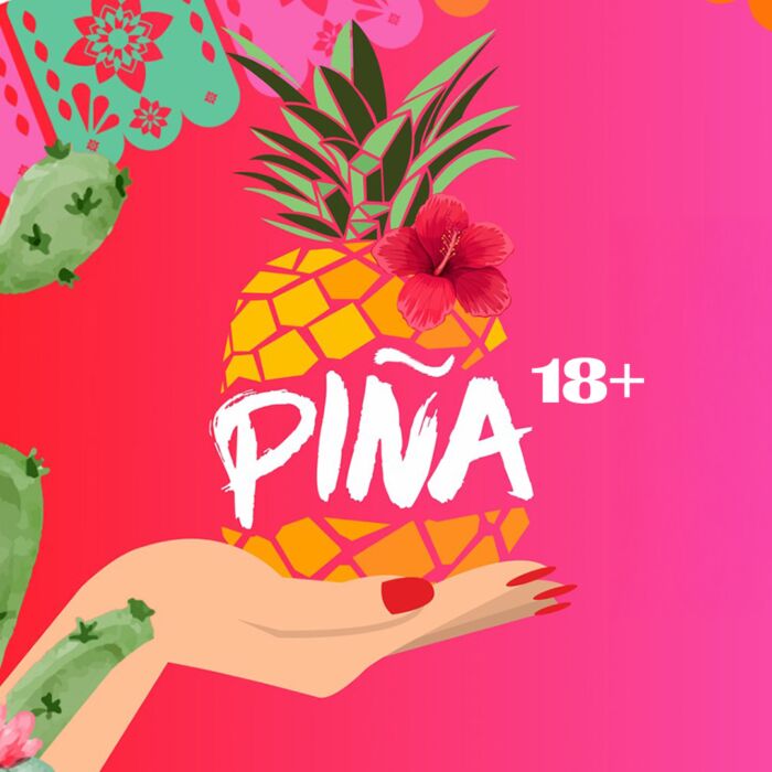 Vrolijk grafisch design van roze achtergrond en cactussen met een ananas in een hand.