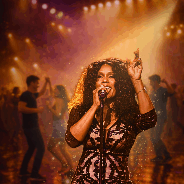 Een zingende vrouw met dansend publiek achter haar.