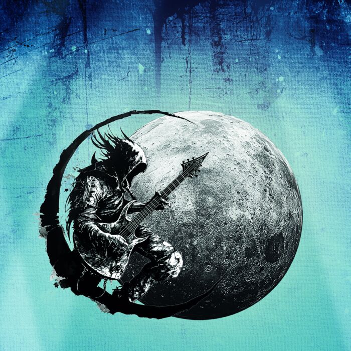 Artwork voor Dutch Metalheads Fest. Daarop een maan met op de voorgrond een duivels uitziende persoon met een metalgitaar