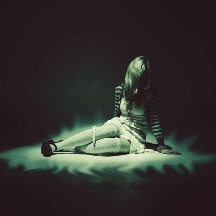 Vixsinzit rechtop op de grond met verborgen gezicht en donkere achtergrond.